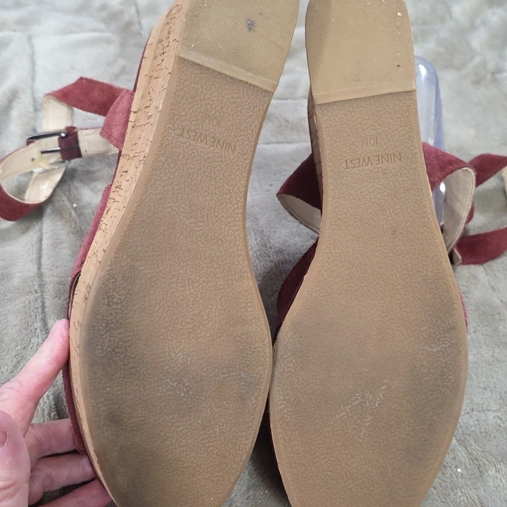 Nine West Women's Platform Sandals Burgundy Leather Ankle Straps Cork Look Sz 10